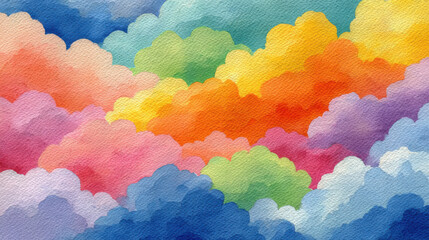 Aufkleber - Rainbow-colored cloudscape watercolor painting, vibrant hues of red, orange, yellow, green, blue, and purple create a dreamy, textured sky. : Generative AI