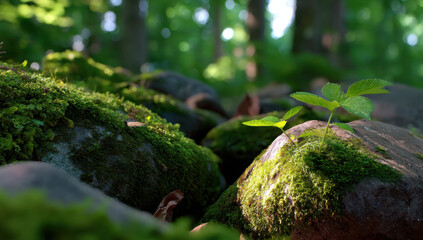 Poster - Sunlight illuminates vibrant green moss covering forest rocks, with two delicate new plants sprouting amidst the lush greenery. : Generative AI