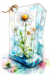 Poster - Daisies in a Glass Cube: Watercolor Illustration of delicate daisies enclosed in a transparent glass container, tied with twine, resting on a painted surface. : Generative AI