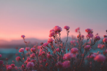 Poster - Pink flowers bloom at sunset, creating a serene and romantic atmosphere.  The soft light enhances the delicate petals and gentle swaying stems. : Generative AI