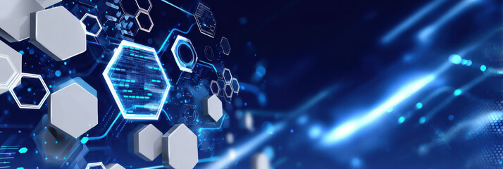 Fototapete - Abstract digital hexagon pattern with glowing blue lines and data streams, futuristic technology background. : Generative AI