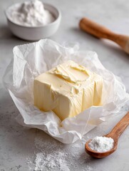 Poster - Homemade Butter Wrapped in Paper With Flour and a Wooden Spoon on a Light Kitchen Surface