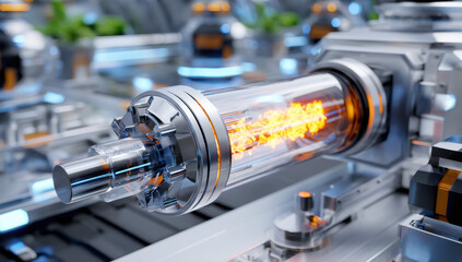 Poster - Close-up view of a futuristic, chrome-plated machine component with a glowing orange element inside a glass tube, suggesting advanced technology or scientific research. : Generative AI