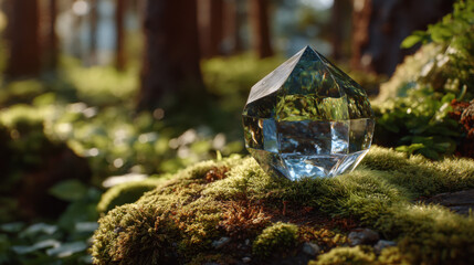 Poster - A clear quartz crystal rests on a bed of vibrant green moss, bathed in the soft light of a sunlit forest.  The scene evokes a sense of serenity and natural beauty. : Generative AI