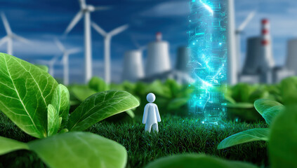 Poster - A small figure stands amidst vibrant green plants, a futuristic energy column glowing behind it, with wind turbines and power plants in the background, symbolizing sustainable energy a : Generative AI