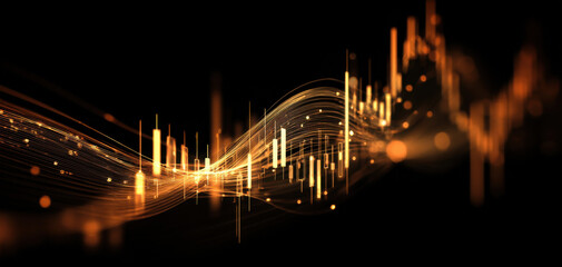 Poster - Abstract wave of glowing orange lines and candlestick chart elements on a black background, suggesting financial data visualization or technological innovation. : Generative AI