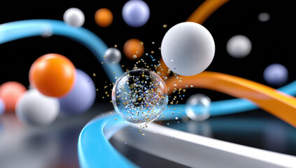 Leinwandbilder - Abstract 3D render of colorful spheres and swirling lines, featuring a glass orb filled with tiny particles against a black background.  The image evokes a sense of movement and energy : Generative AI