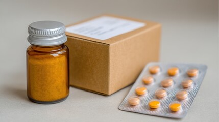 Poster - Medicine Box With Blister Pack Beside Bottle on Neutral Background for Pharmaceutical and Health-Related Topics