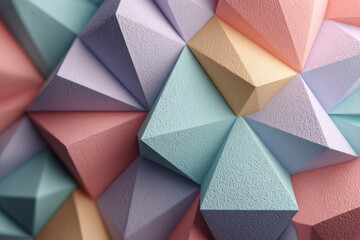 Aufkleber - Abstract pastel-colored geometric shapes, textured pyramids forming a complex pattern, detailed 3D render of multifaceted polygonal structures. : Generative AI