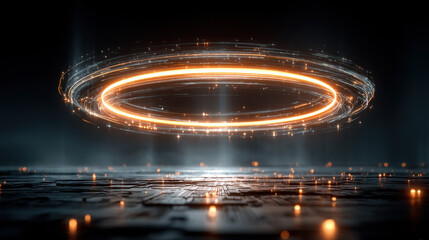 Leinwandbilder - Futuristic glowing orange ring with swirling light trails above dark metallic surface, creating a dynamic and modern technological scene. : Generative AI