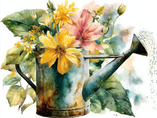 Poster - Rustic watering can overflowing with vibrant yellow and pink flowers, a watercolor-style illustration perfect for spring or summer themes. : Generative AI