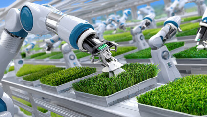 Aufkleber - Robotic arms harvest vibrant green sprouts in a futuristic hydroponic farm setting, showcasing advanced agricultural technology. : Generative AI