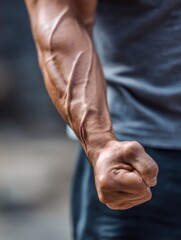 Aufkleber - Ripped Forearm Flexing in Action Against a Softly Blurred Background During an Intense Workout Session