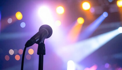 Wall Mural - Microphone on Stage with Colorful Lighting Effects