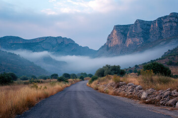 Poster - Serene morning mist shrouds majestic mountains, a winding road leads through tranquil landscape, golden hour light bathes the scene in soft hues. : Generative AI
