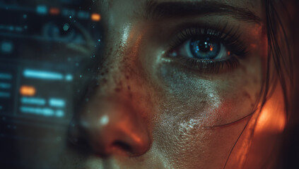 Poster - Close-up of a woman's eye, illuminated by a futuristic, teal interface; her face shows freckles and subtle skin texture, creating a cyberpunk aesthetic. : Generative AI