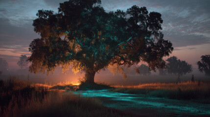 Poster - Enchanted oak tree glowing with bioluminescence at dawn, mystical landscape with soft light and fog, magical scene in nature. : Generative AI