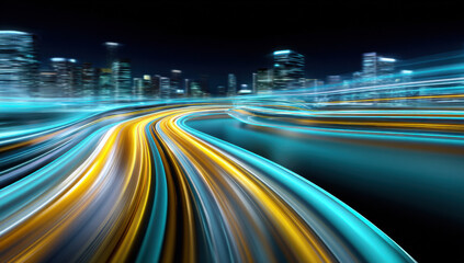 Fototapete - Abstract futuristic highway with glowing teal and gold light trails curving through a modern city skyline at night, representing speed, technology, and urban development. : Generative AI