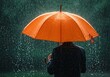 © Over View - Person with orange umbrella in heavy rain, back view, dark suit