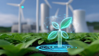 Poster - Futuristic seedling with glowing leaves emerges from soil, set against a backdrop of wind turbines and a modern energy facility, symbolizing sustainable energy and technological advanc : Generative AI