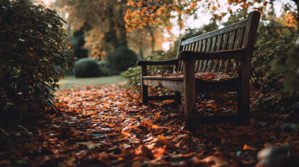 Poster - A weathered wooden park bench sits amidst a carpet of fallen autumn leaves, bathed in the soft light of a late afternoon sun.  The tranquil scene evokes feelings of peace and the beaut : Generative AI