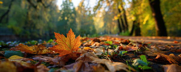 Poster - Single orange maple leaf rests on a path covered with fallen autumn leaves in a sunlit park, creating a beautiful autumnal scene. : Generative AI