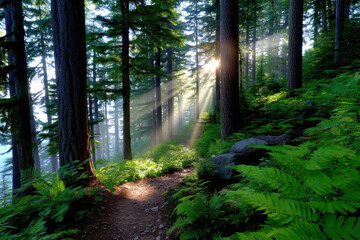 Poster - Sunbeams illuminate a tranquil forest path, dappled sunlight filtering through lush ferns and towering evergreen trees, creating a serene and magical atmosphere. : Generative AI