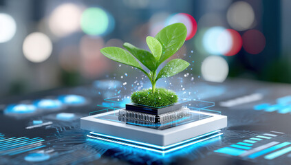 Leinwandbilder - A vibrant green plant sprouts from a computer microchip, symbolizing technological advancement and sustainable growth in a futuristic setting.  The image showcases a blend of nature an : Generative AI