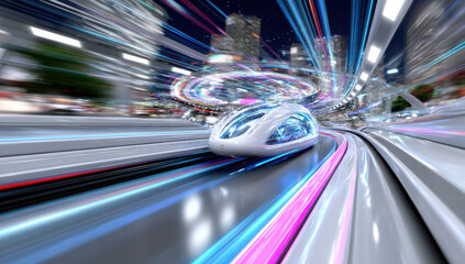 Poster - Futuristic high-speed vehicle traversing a neon-lit city track at night, showcasing vibrant light trails and a sleek, modern design. : Generative AI