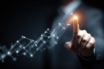 Poster - Businessperson's finger interacts with a glowing upward trending graph, symbolizing growth, progress, and success in a dark background. : Generative AI