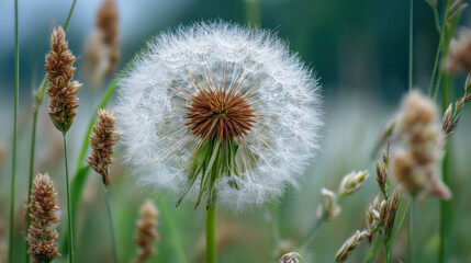 Poster - Close-up of a dandelion seed head, showing delicate white seeds and brown center, surrounded by blurred green grass and brown seed heads. : Generative AI