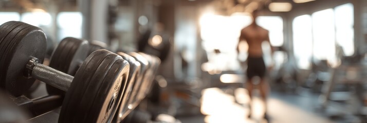 Poster - Muscular Figure Training With Gym Equipment in a Fitness Center at Sunset