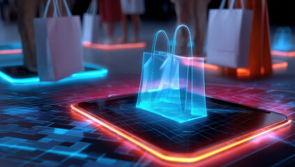 Poster - Futuristic shopping experience: a holographic shopping bag appears on a glowing smartphone screen, surrounded by shoppers with paper bags. : Generative AI