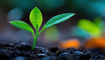 Poster - A vibrant green seedling emerges from dark soil, showcasing two dew-kissed leaves against a blurred background of other plants and warm orange hues. : Generative AI