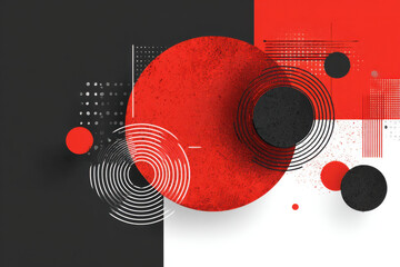 Poster - Abstract geometric composition featuring bold red and black circles, textured surfaces, and white concentric rings against a contrasting color block background. : Generative AI