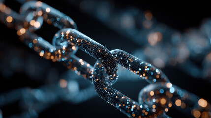 Leinwandbilder - Close-up view of a metallic chain, rendered with a digital mesh and glowing particles, suggesting concepts of connection, security, or technology. : Generative AI