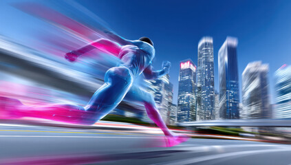 Poster - Futuristic runner streaks through a vibrant cityscape at night, a blur of motion and neon lights highlighting the speed and energy of urban life. : Generative AI