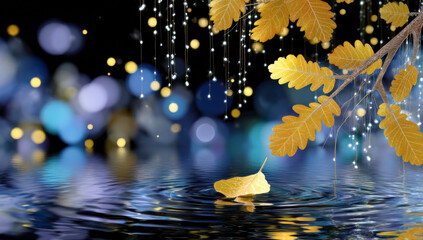 Aufkleber - Golden oak leaves gently fall onto a serene, dark blue water surface, illuminated by shimmering, fairy lights against a bokeh background. : Generative AI