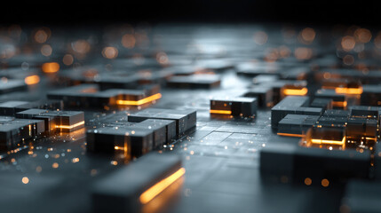 Poster - Abstract digital landscape with glowing orange lines on dark grey cubes, creating a futuristic technological scene. : Generative AI