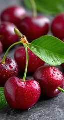 Poster - Close-up of ripe, red cherries with water droplets, glistening on a dark grey stone surface, vibrant green leaves adding freshness. : Generative AI
