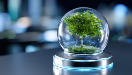 Poster - A small, vibrant green tree thrives within a futuristic glass dome, illuminated by soft blue light, set against a blurred cityscape backdrop. : Generative AI