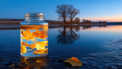 Poster - Glass jar filled with autumn leaves sits by a tranquil lake at sunset, reflecting the serene landscape and golden hour light. : Generative AI