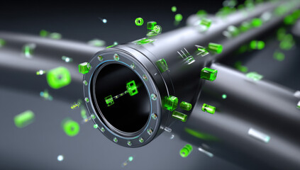Fototapete - Futuristic metallic cylinder with green glowing cubes and geometric shapes, abstract technological background, digital art, science fiction concept. : Generative AI