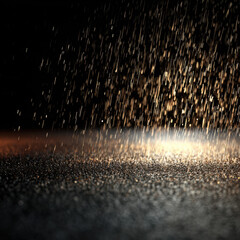 Poster - Golden rain falling on a dark, glistening surface at night, creating a dramatic and atmospheric scene with shimmering droplets. : Generative AI