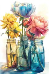 Aufkleber - Vibrant floral arrangement in colorful mason jars, featuring peonies, ranunculus, and dahlias, bathed in soft light against a white background. : Generative AI