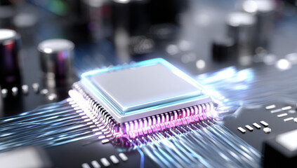 Fototapete - Close-up view of a modern microprocessor chip, showcasing its intricate circuitry and glowing data streams.  The central processing unit is highlighted, emphasizing technological advan : Generative AI