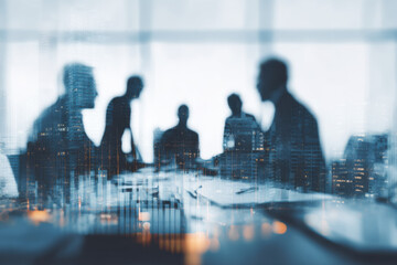 Poster - Silhouetted businesspeople in meeting, superimposed over a cityscape at night, conveying concepts of collaboration, urban business, and global finance. : Generative AI