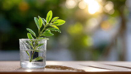 Poster - A vibrant green sprig, glistening with water droplets, sits in a clear glass on a sun-drenched wooden table, creating a serene and refreshing image. : Generative AI