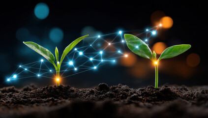Poster - Two young plants sprout from rich soil, connected by a glowing network of light, symbolizing growth, technology, and interconnectedness in a dark, bokeh-filled environment. : Generative AI