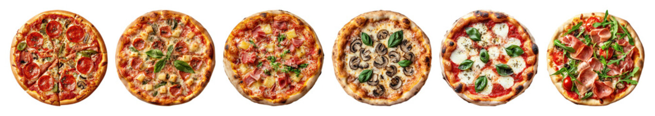 png variety of delicious pizzas displayed, element set on transparent background